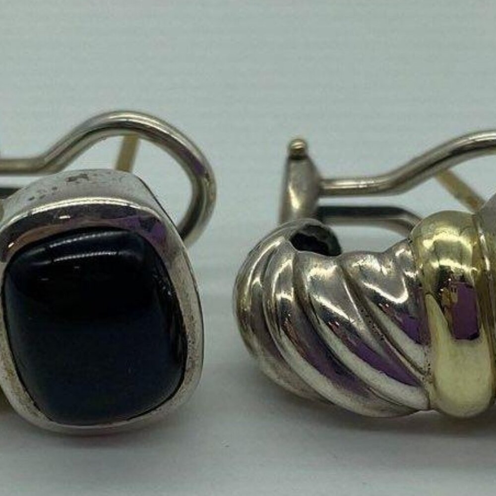 .925/14k Black Onyx 2-Tone Omega Back Earrings; 14K Post & Accent; 9.40 Grams